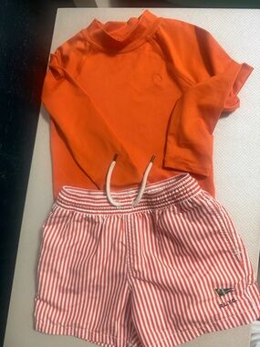 Polo by Ralph Lauren Kids Orange Rash Guard & Red-White Stripe Swim Trunks